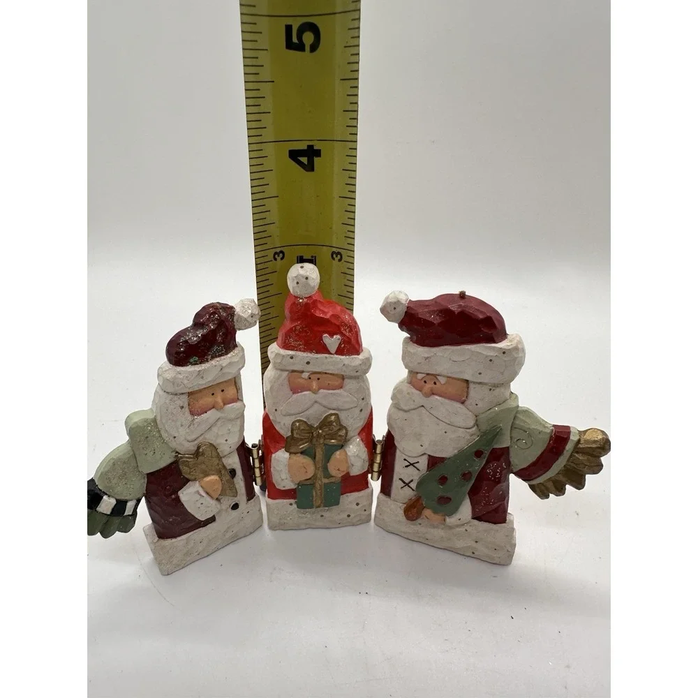 Vintage 3 Santa Hinged Wood Decoration Carved Folk Art‎ Christmas Figurine